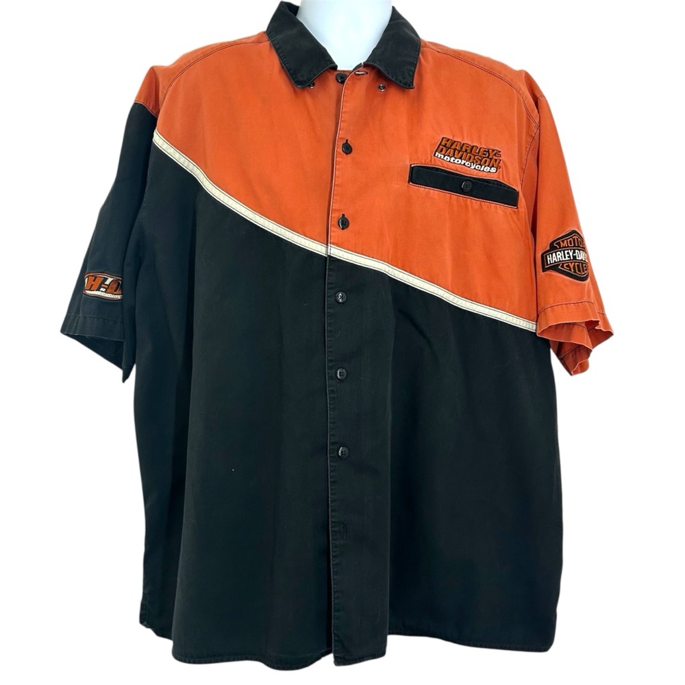 Harley-Davidson Mens All Over Logos Orange Black Button-Up Work Shirt XXL